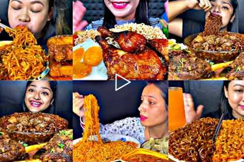 ASMR EATING SPICY BLACKBEAN NOODLES, MUTTON ROAST, EGGS, CHICKEN | INDIAN FOOD MUKBANG |FoodShood|